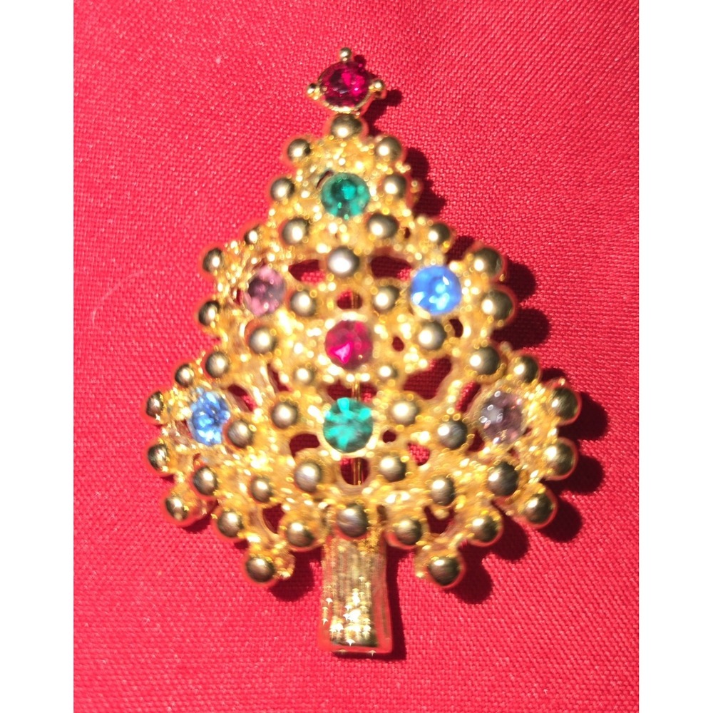 Vintage Signed EISENBERG Gold Tone & Multicolor Rhinestone Christmas Tree Brooch